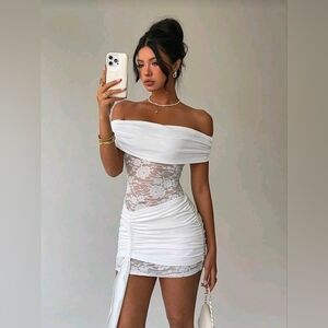 SHEIN White Off-Shoulder Lace Ruched Strapless Mini Dress